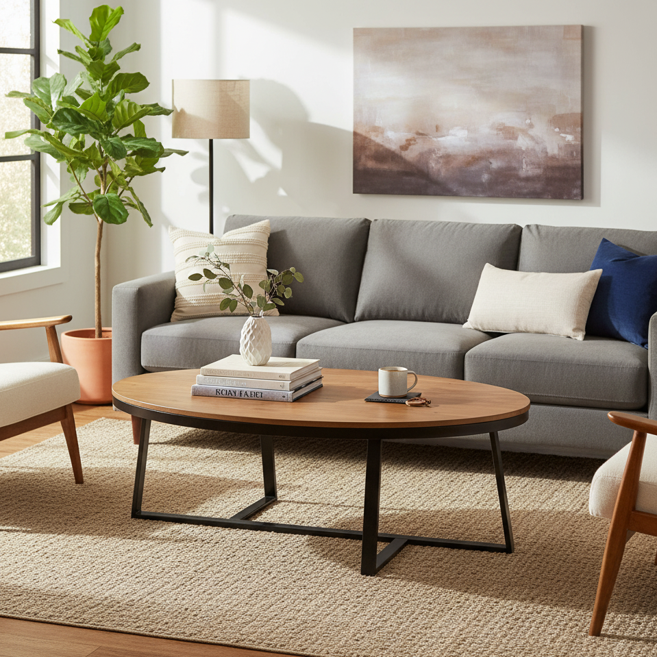 GHome UK Solid Acacia Natural Oval Coffee Table with Black Base