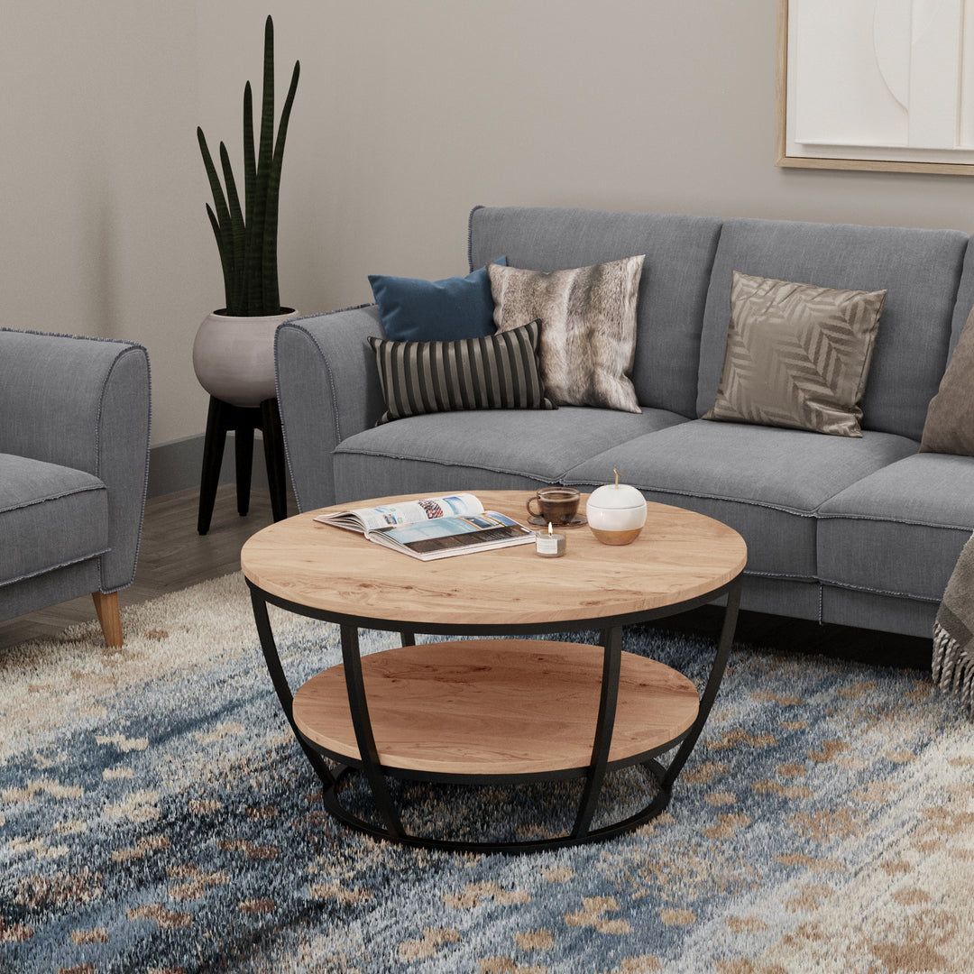 GHomeUK Natural Wooden Round Double Shelf Coffee Table with Metal Frame - DLO