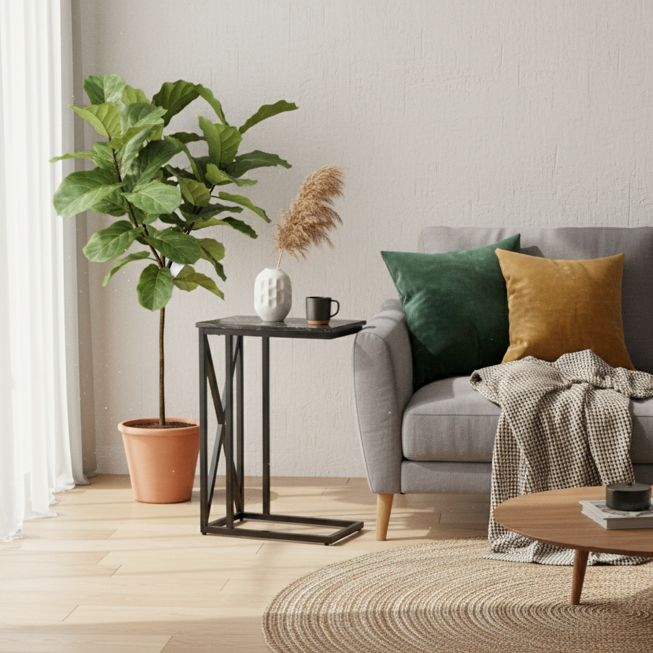 GHome UK Solid Mango Wood Black & White Marble C Side Table with Twisted Design