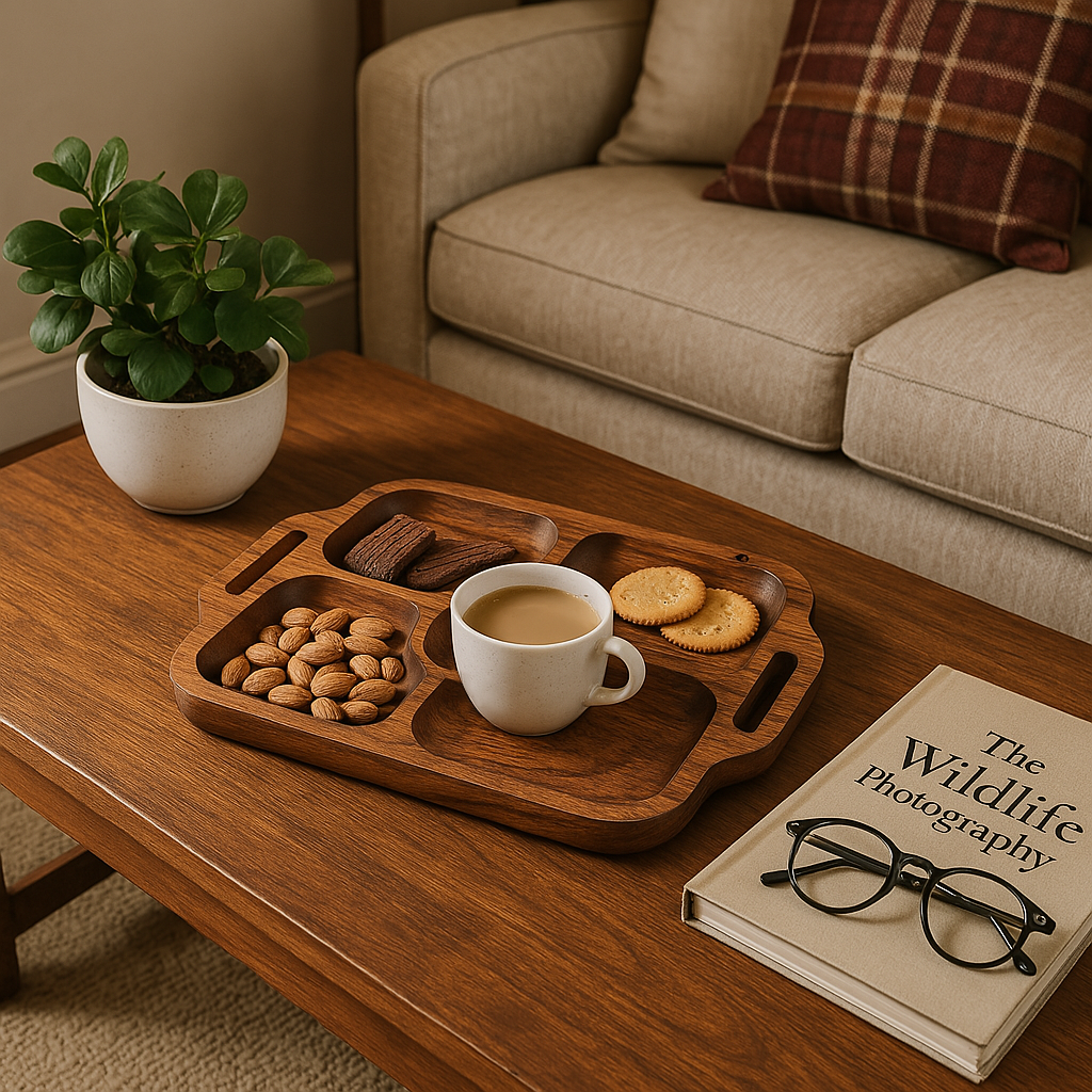 GHomeUK Acacia Wood Natural Finish 5-Compartment Serving Tray with Handles - TISX