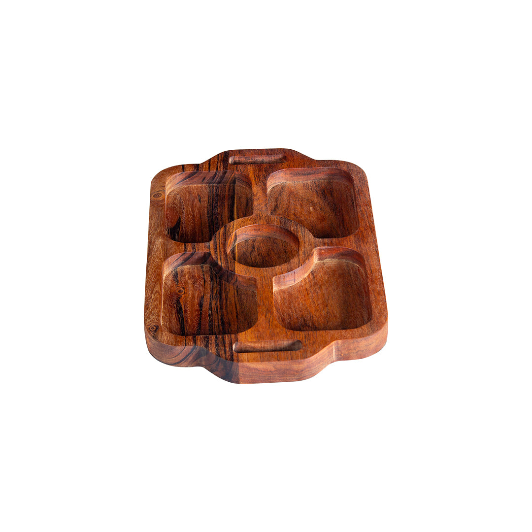GHomeUK Acacia Wood Natural Finish 5-Compartment Serving Tray with Handles - TISX