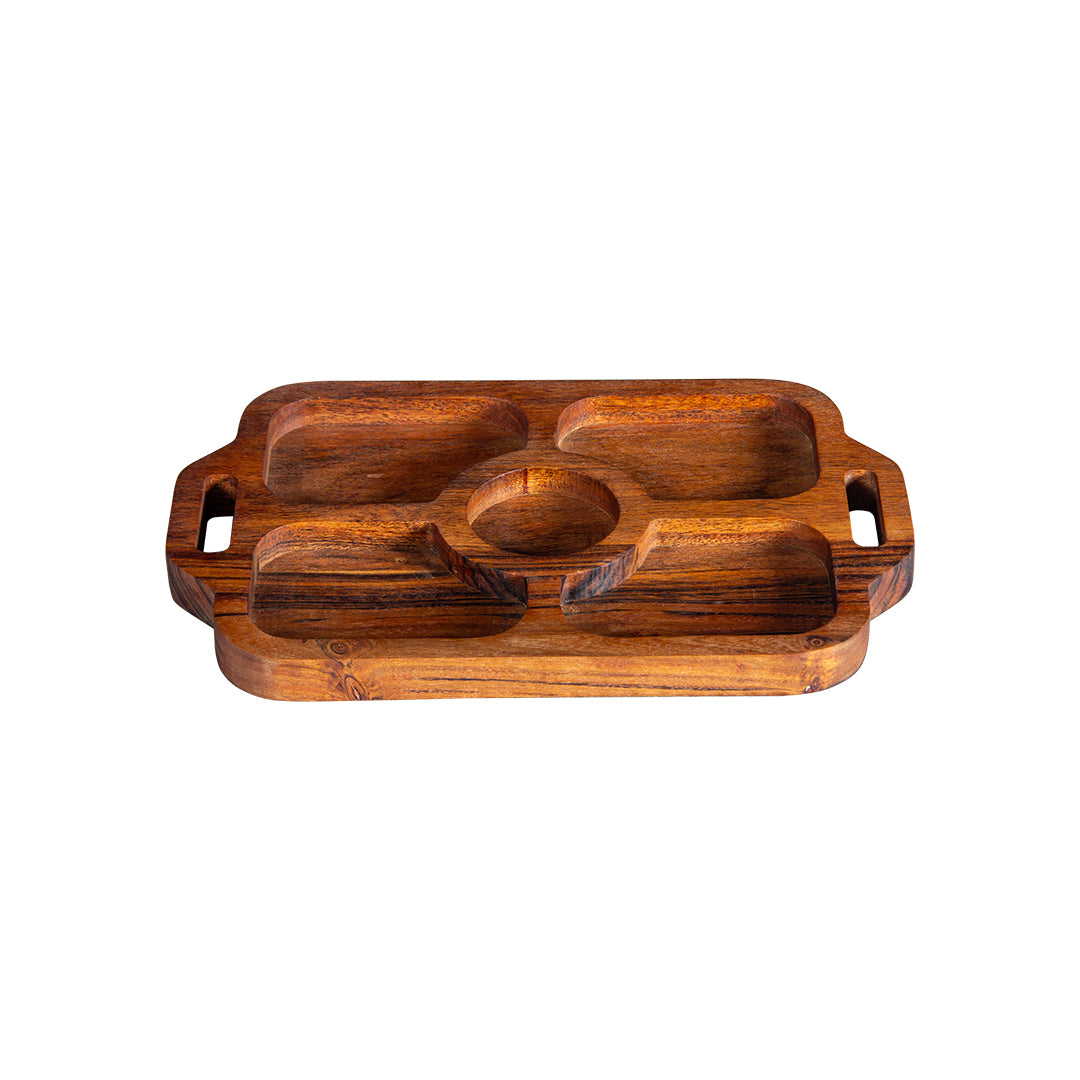 GHomeUK Acacia Wood Natural Finish 5-Compartment Serving Tray with Handles - TISX