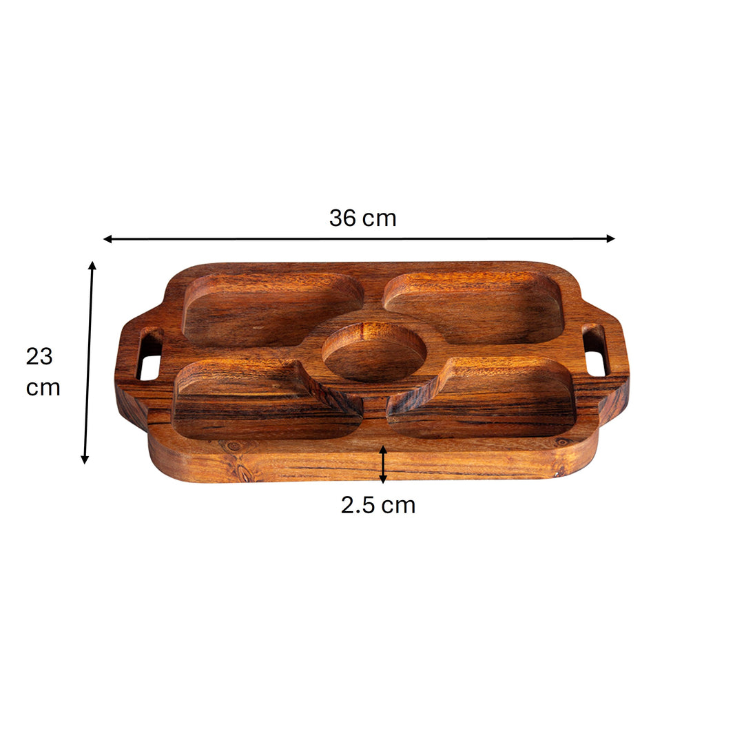 GHomeUK Acacia Wood Natural Finish 5-Compartment Serving Tray with Handles - TISX