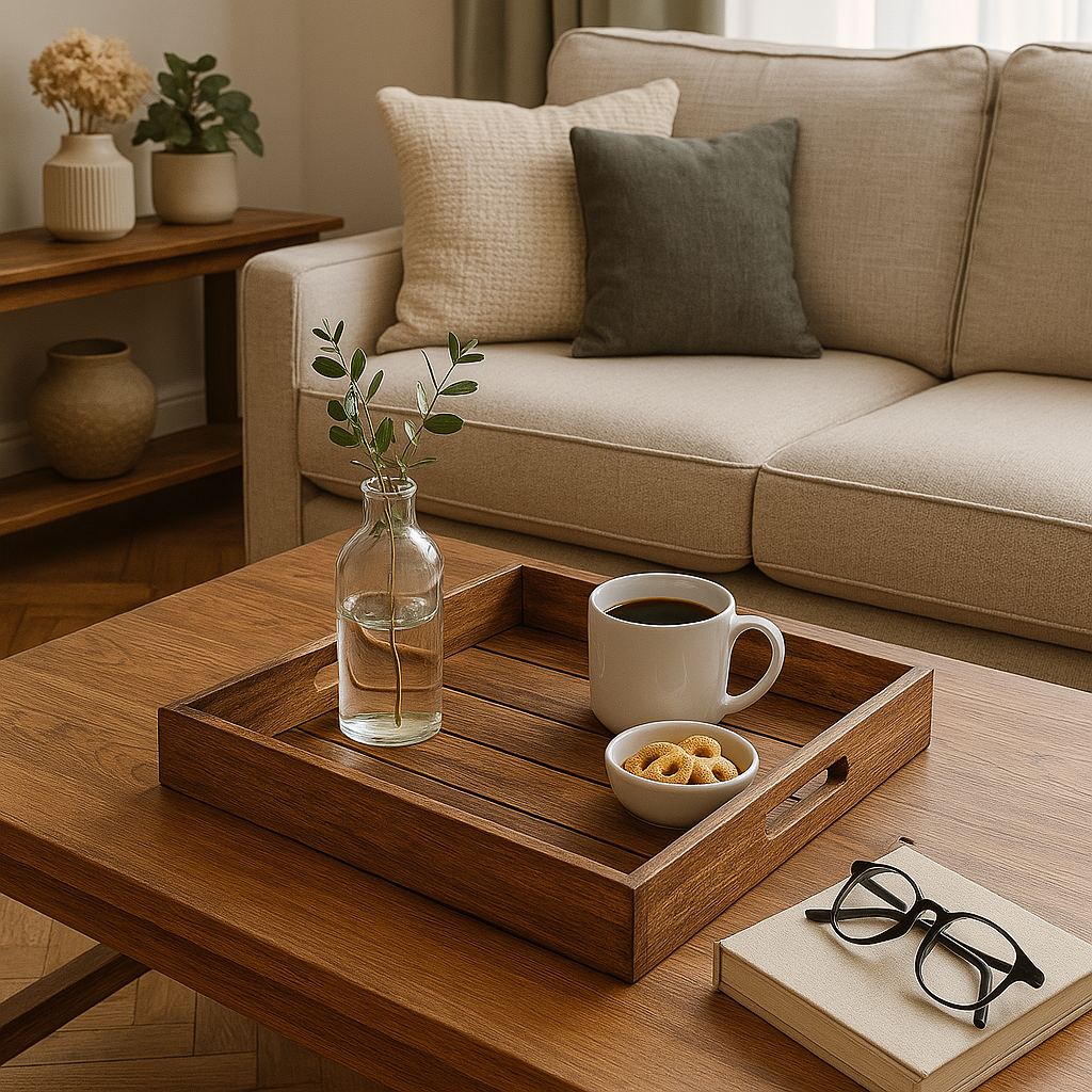 GHomeUK Acacia Wood Natural Brown Set of 2 Serving Trays with Side Handles - BAKTACAN2001 - EYLR