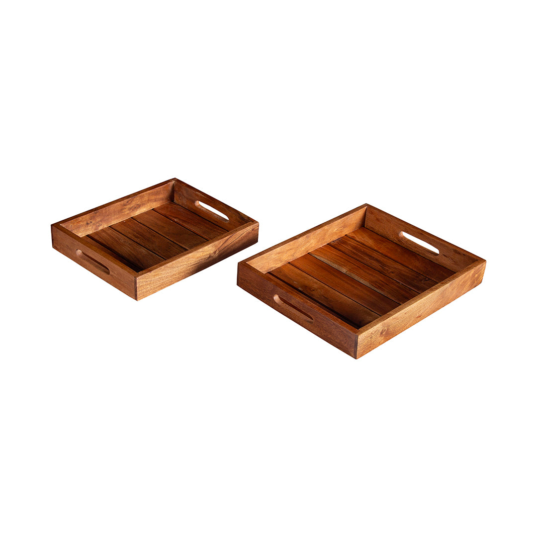 GHomeUK Acacia Wood Natural Brown Set of 2 Serving Trays with Side Handles - BAKTACAN2001 - EYLR