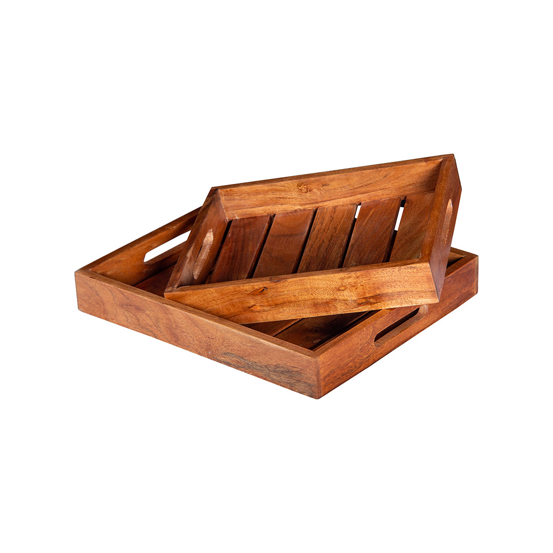 GHomeUK Acacia Wood Natural Brown Set of 2 Serving Trays with Side Handles - BAKTACAN2001 - EYLR
