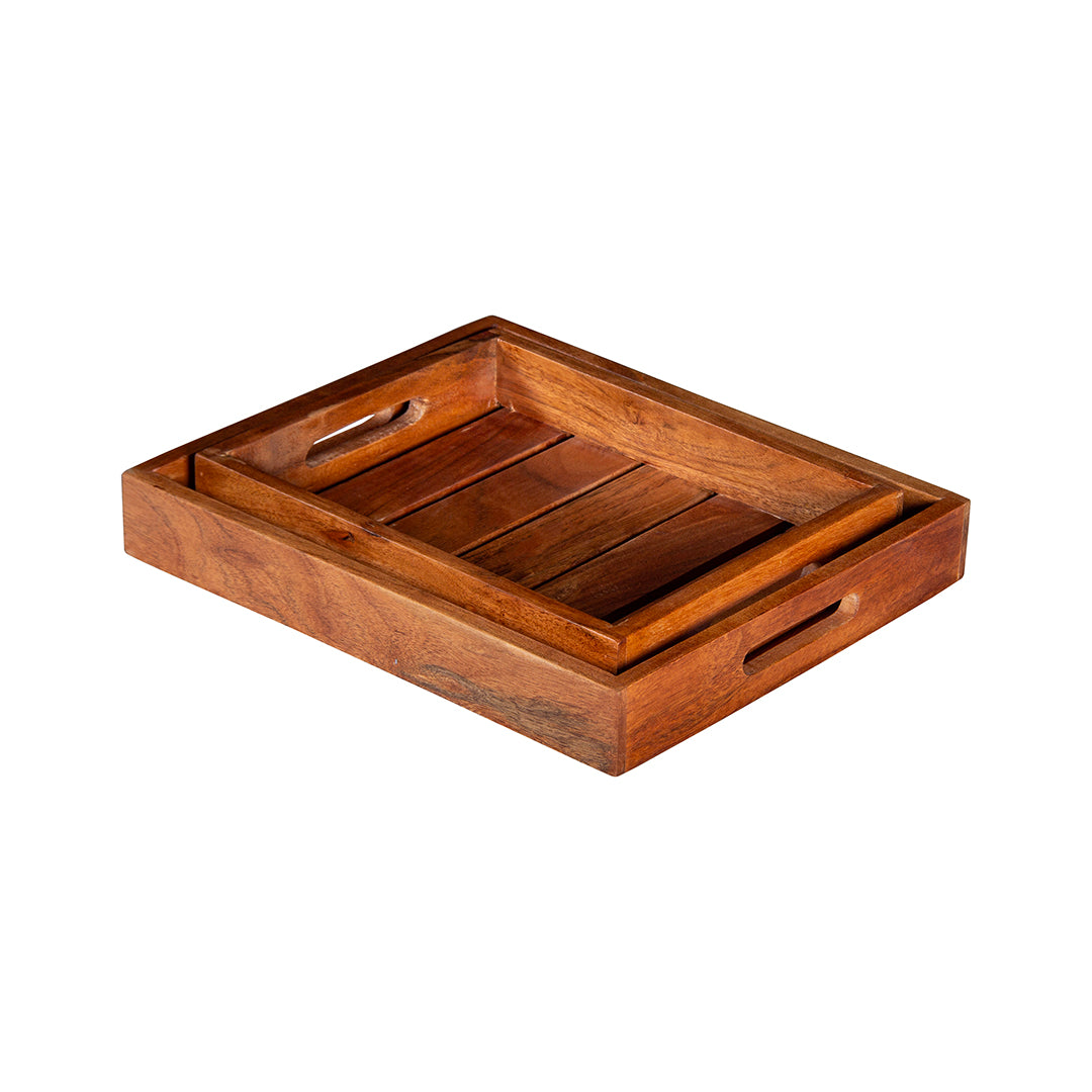 GHomeUK Acacia Wood Natural Brown Set of 2 Serving Trays with Side Handles - BAKTACAN2001 - EYLR
