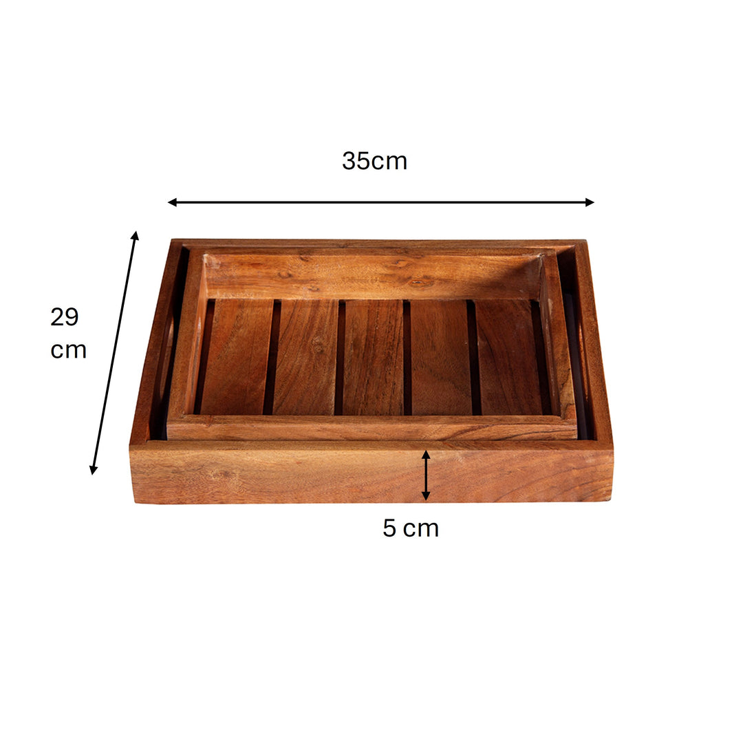 GHomeUK Acacia Wood Natural Brown Set of 2 Serving Trays with Side Handles - BAKTACAN2001 - EYLR