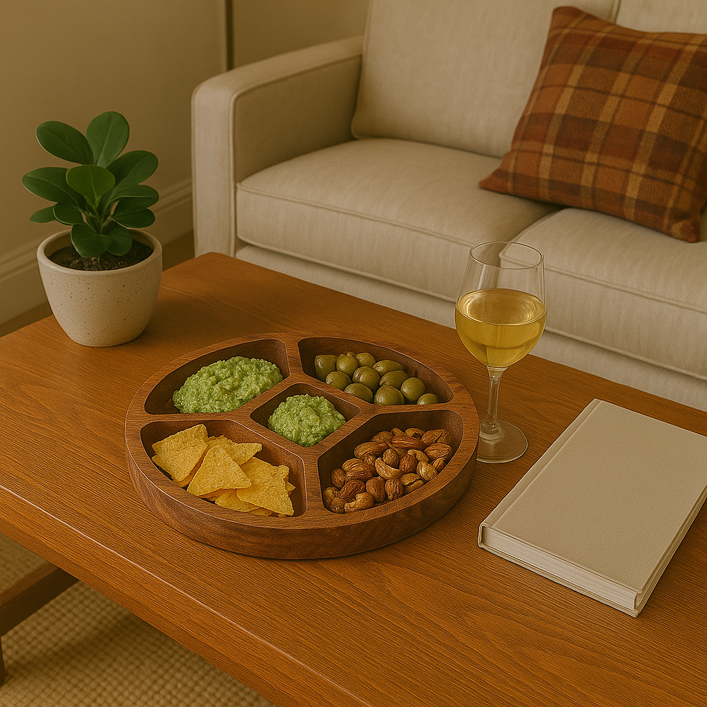 GHomeUK  Acacia Wood Natural Brown 5-Compartment Serving Tray with Handles - EYUE