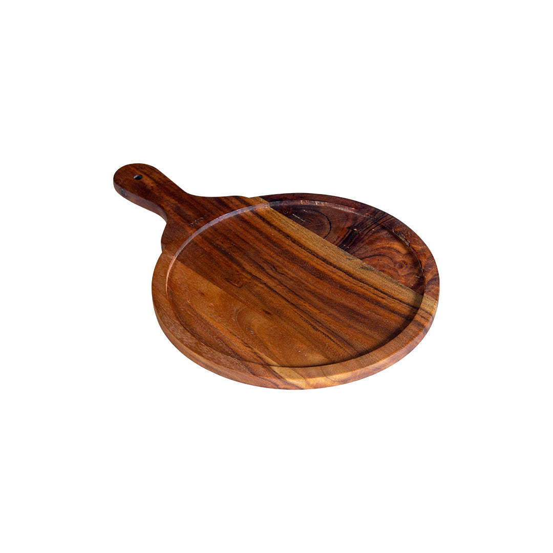GHomeUK Acacia Wood Natural Round Pizza Serving Tray with Handle - AGGBE