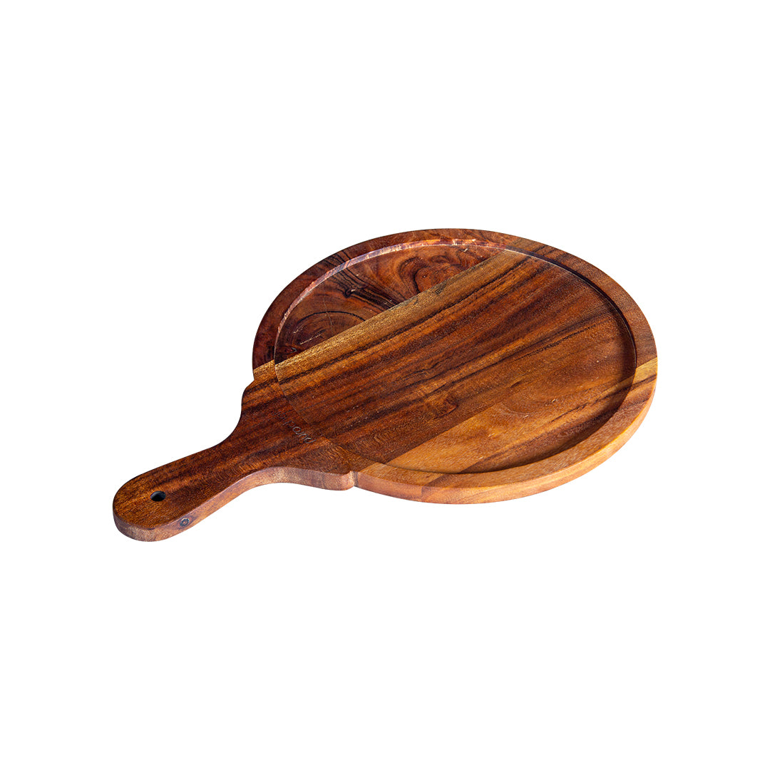 GHomeUK Acacia Wood Natural Round Pizza Serving Tray with Handle - AGGBE