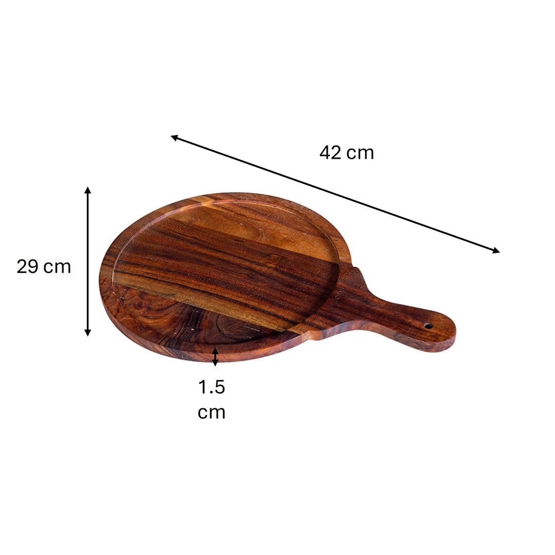 GHomeUK Acacia Wood Natural Round Pizza Serving Tray with Handle - AGGBE