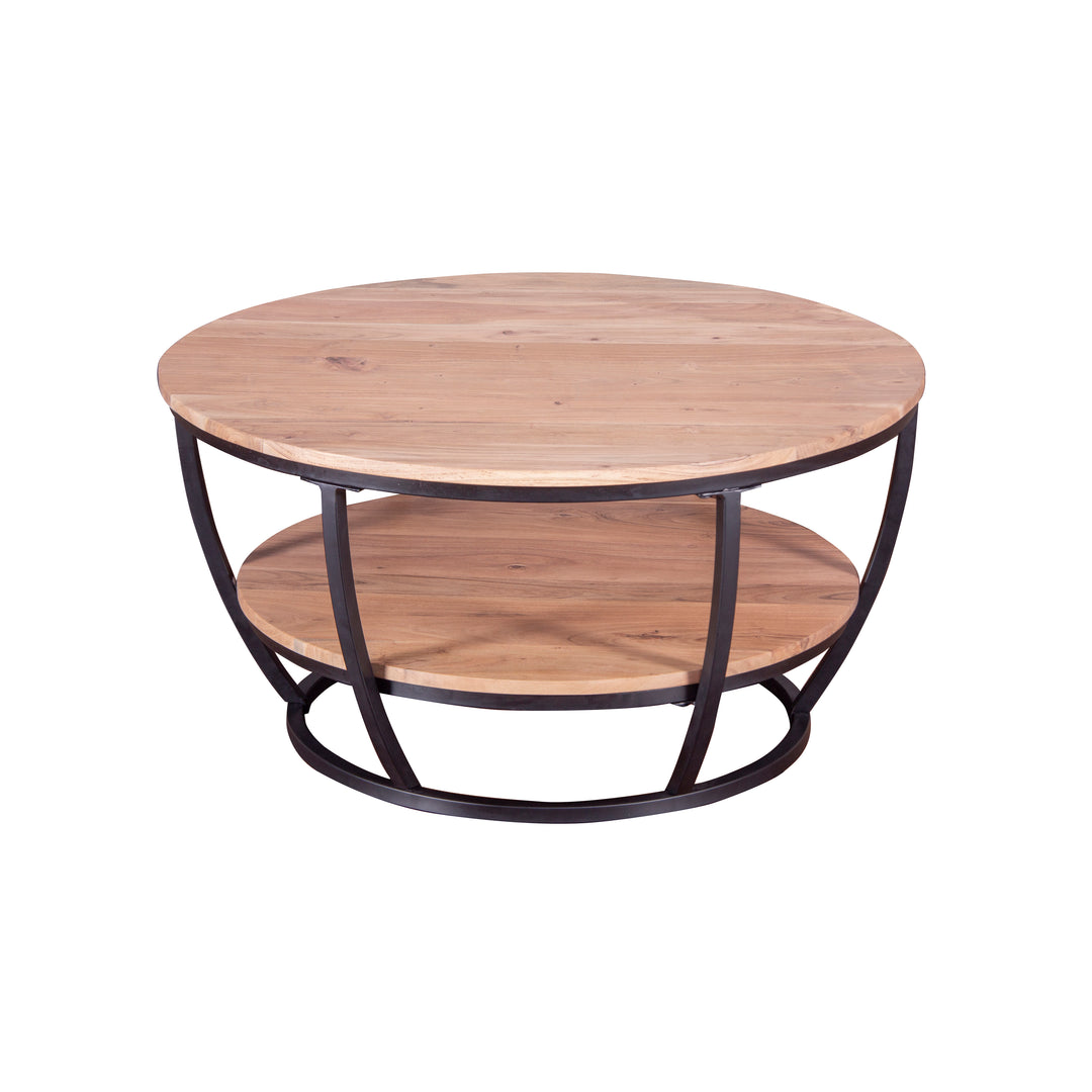 GHomeUK Natural Wooden Round Double Shelf Coffee Table with Metal Frame - DLO
