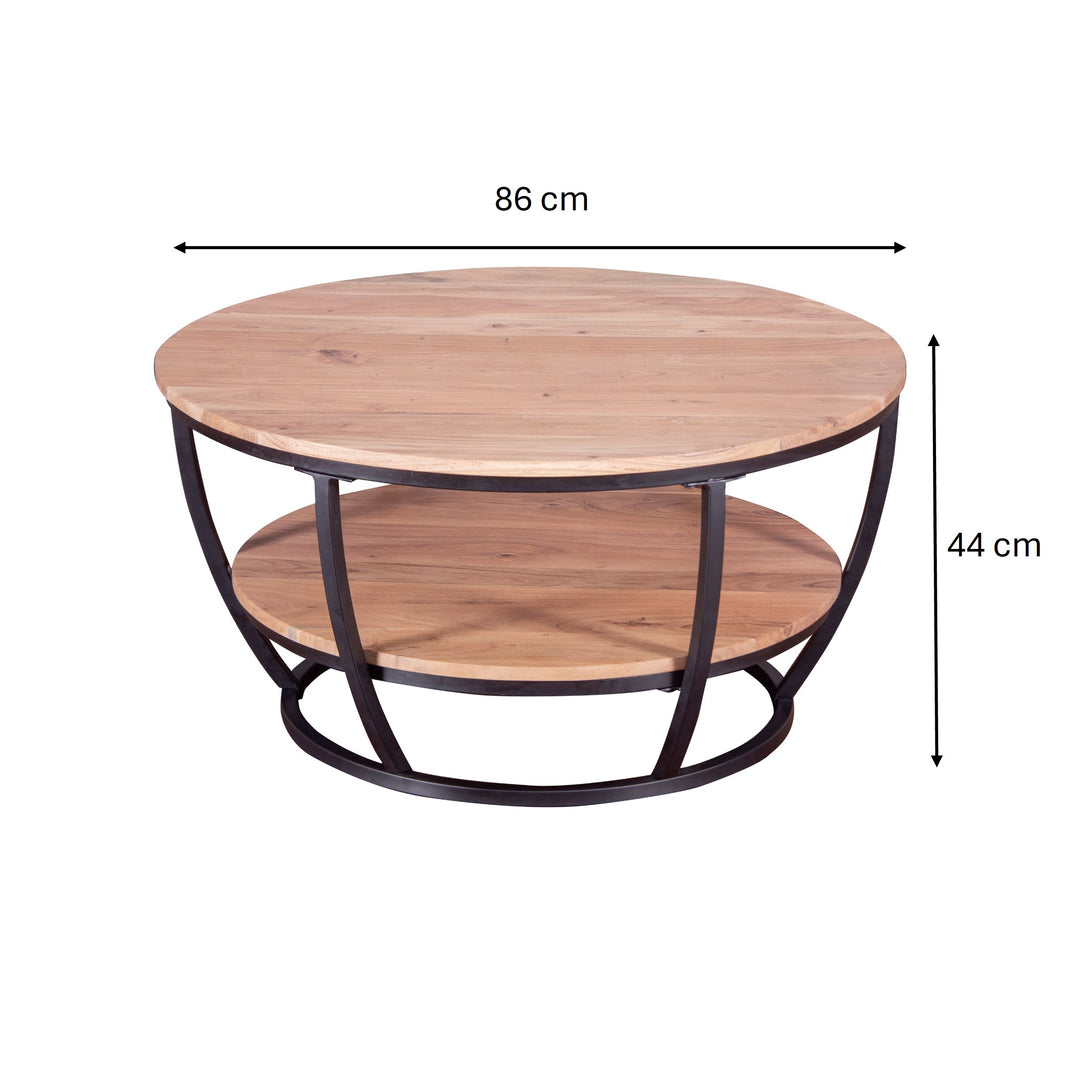 GHomeUK Natural Wooden Round Double Shelf Coffee Table with Metal Frame - DLO
