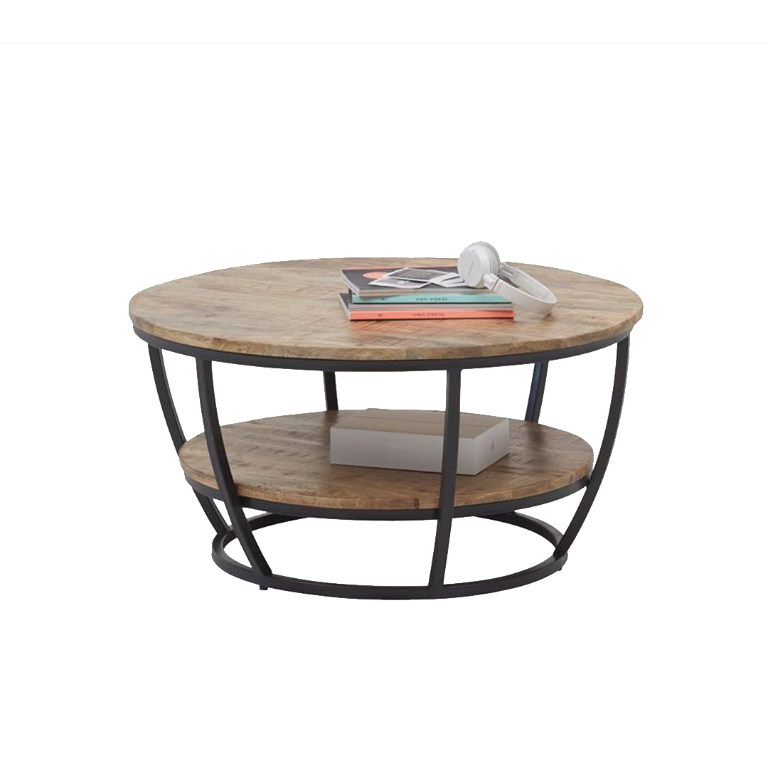 GHomeUK Natural Wooden Round Double Shelf Coffee Table with Metal Frame - DLO