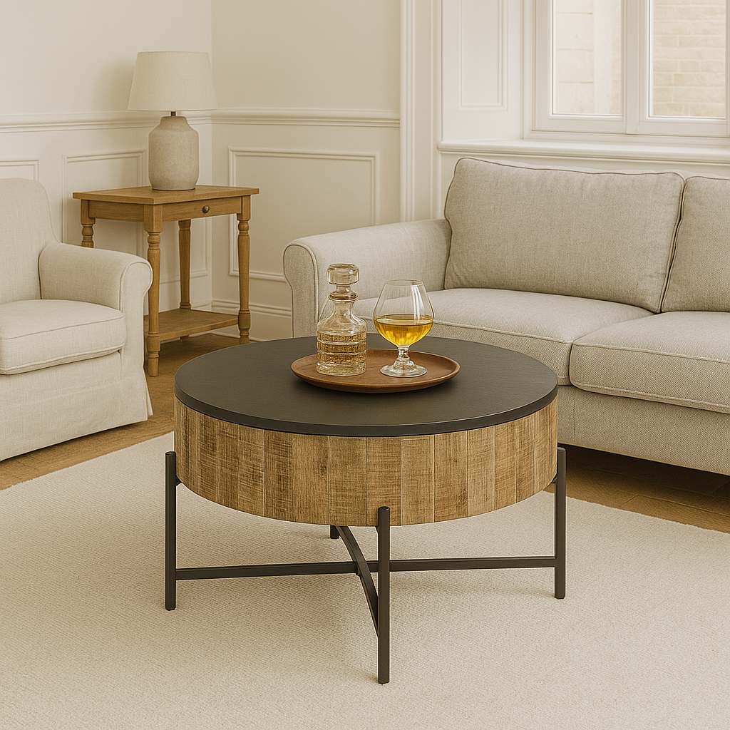 GHomeUK  Mango Wood Lift-Top Coffee Table in Black & Natural Storage - LUEUN