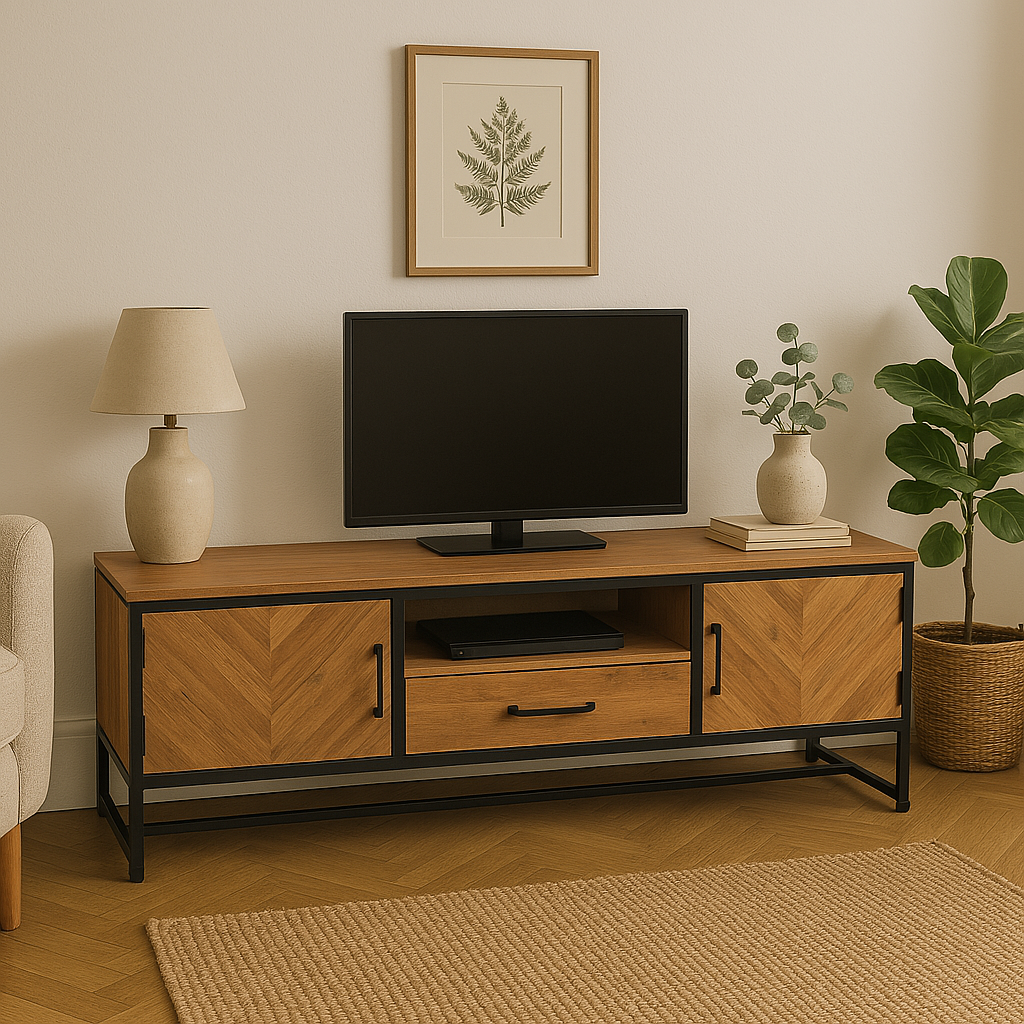 GHomeUK  Acacia Wood Black Parquetry TV Cabinet