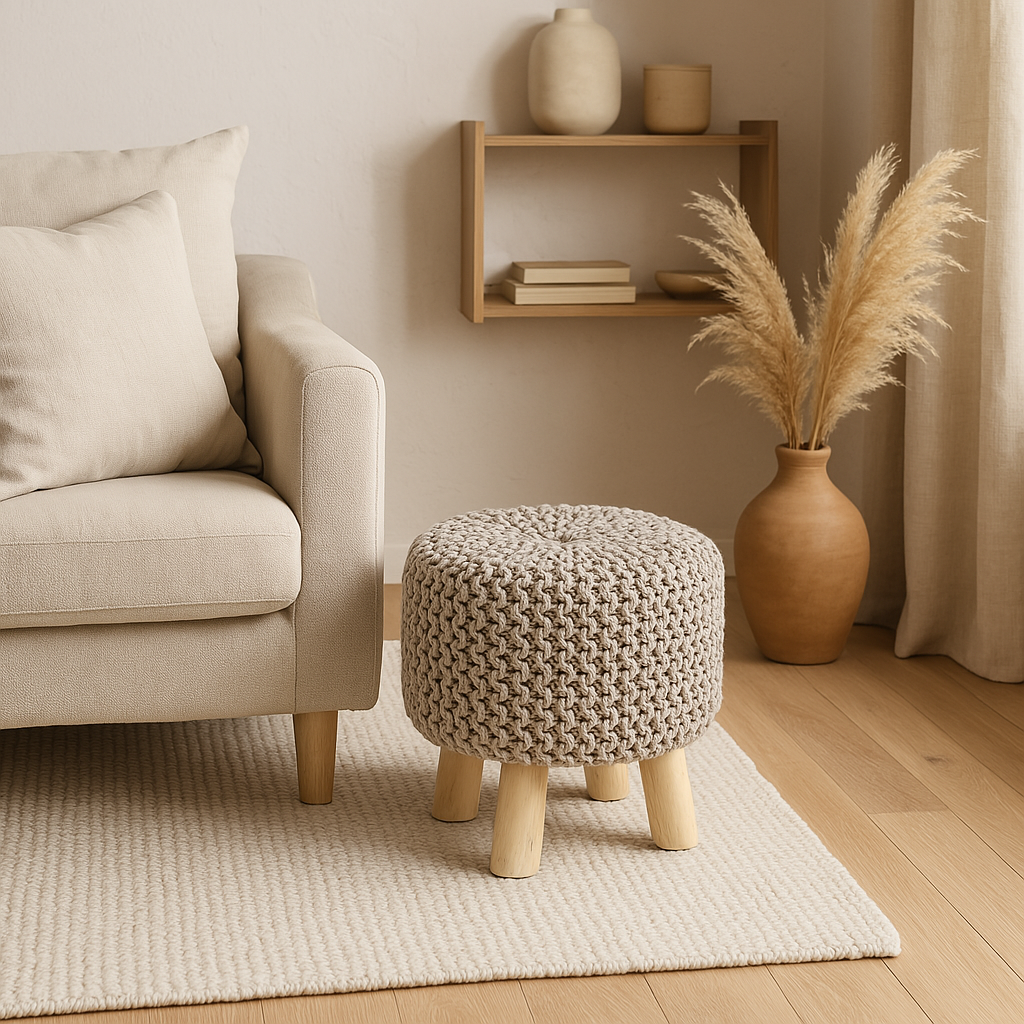 GhomeUK Hand-Woven Cotton Neutral Pouf Stool – Stylish Seating Accent - ALER
