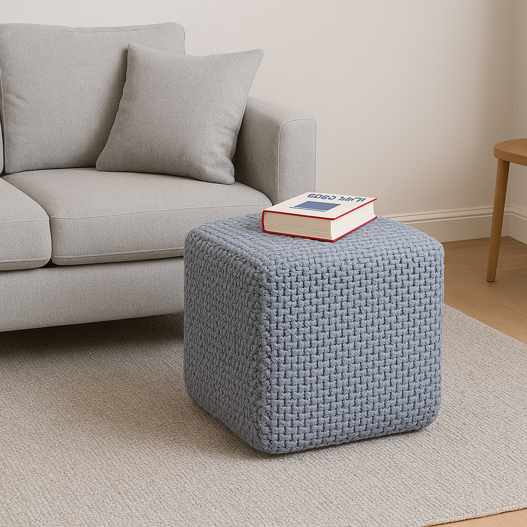 GhomeUK Hand-Woven Cotton Beige Square Pouf – Stylish & Comfy - WTIS