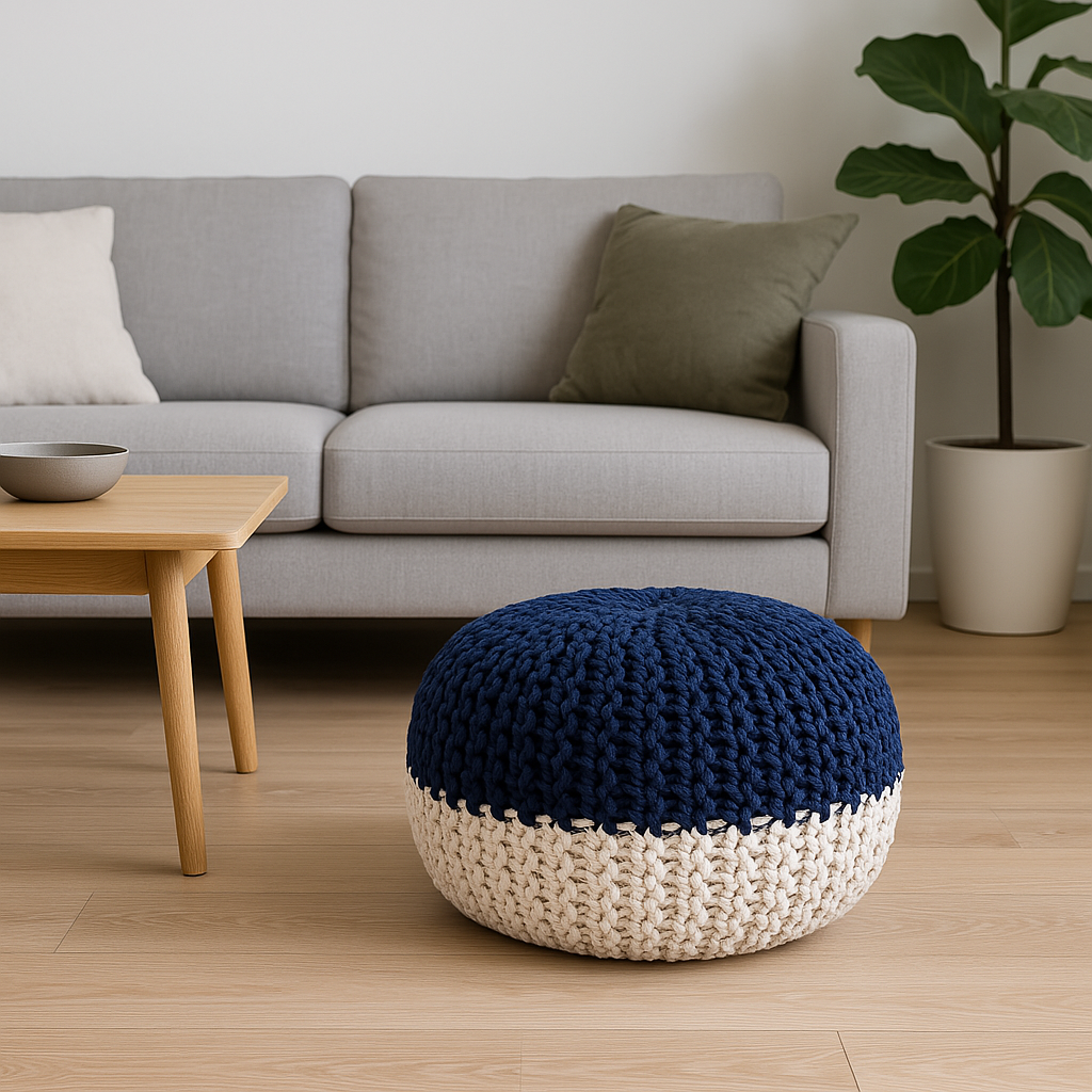 Ghome Hand-Woven Cotton Beige Round Pouf for Stylish Comfort - RUURD