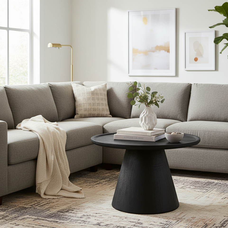 GHome UK Solid Mango Wood Black Round Coffee Table Sandblast Finish