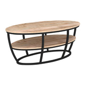 GHomeUK Rough Natural Mango Wood Oval Double Shelf Coffee Table with Black Metal Frame - DLO