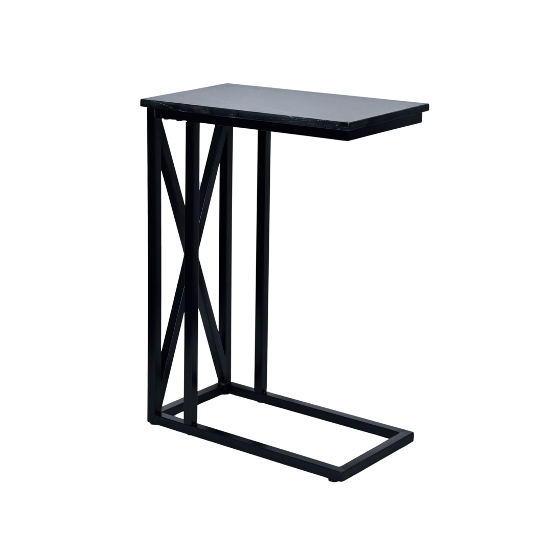 GHome UK Solid Mango Wood Black & White Marble C Side Table with Twisted Design