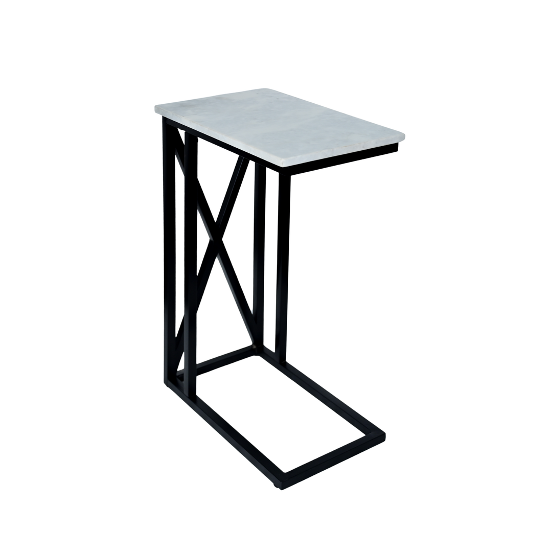 GHome UK Solid Mango Wood Black & White Marble C Side Table with Twisted Design