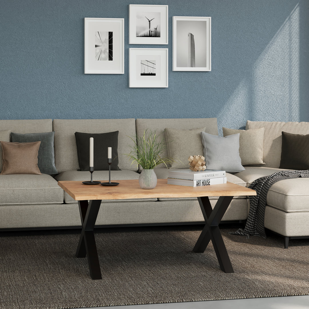 GHomeUK Acacia Wood Live Edge Coffee Table Black Cross Legs - EETTA
