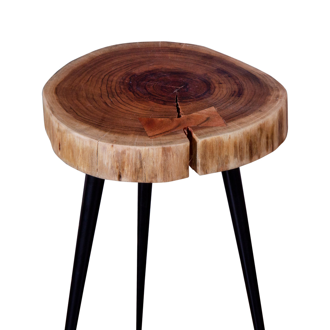 GHome UK Solid Acacia Wood Natural Log Side Table with Black Iron Base