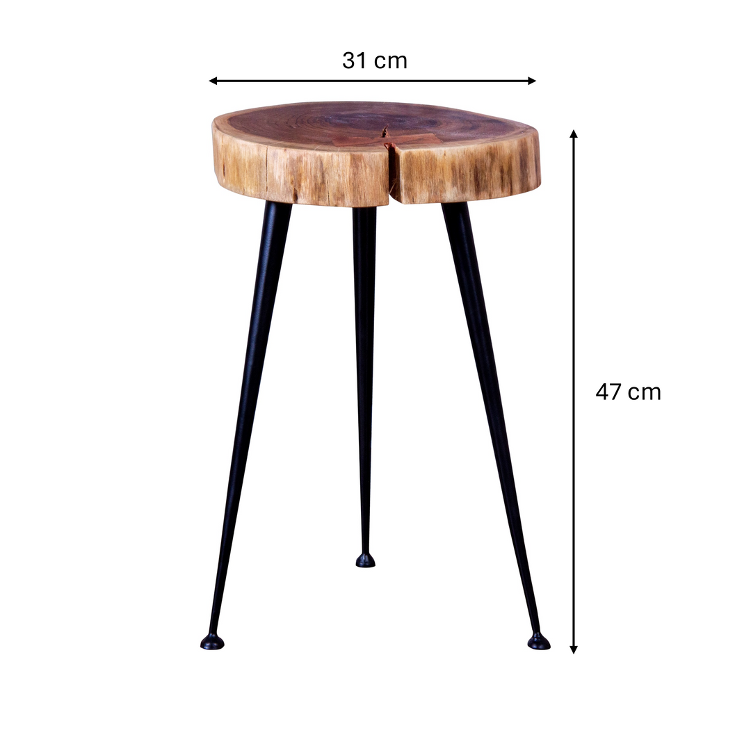 GHome UK Solid Acacia Wood Natural Log Side Table with Black Iron Base