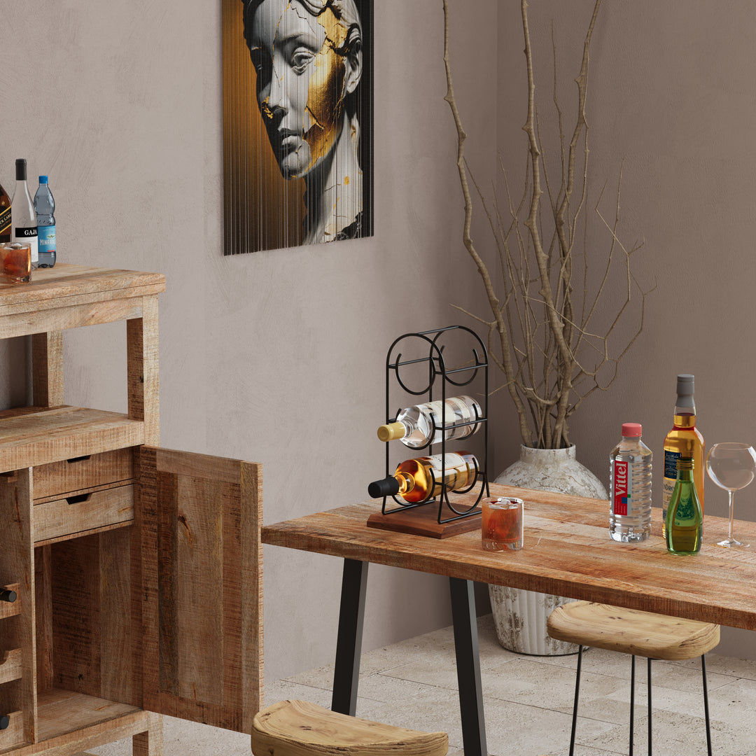 GHomeUK 3-Bottle Wine Holder Acacia Wood & Black Metal Rack - RODD