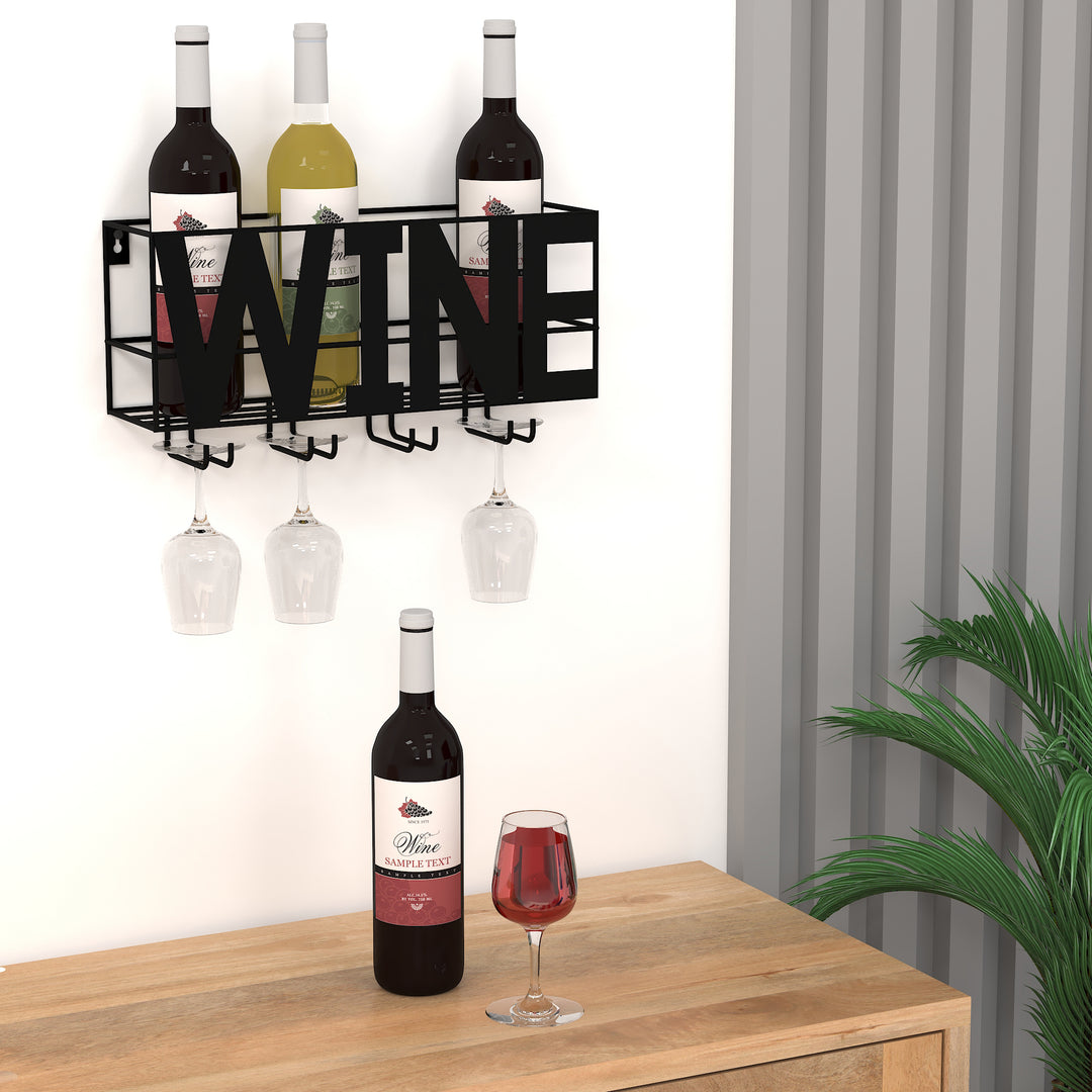 GHomeUK Metal Black Wine Rack & Glass Holder Wall Mount - IABEC